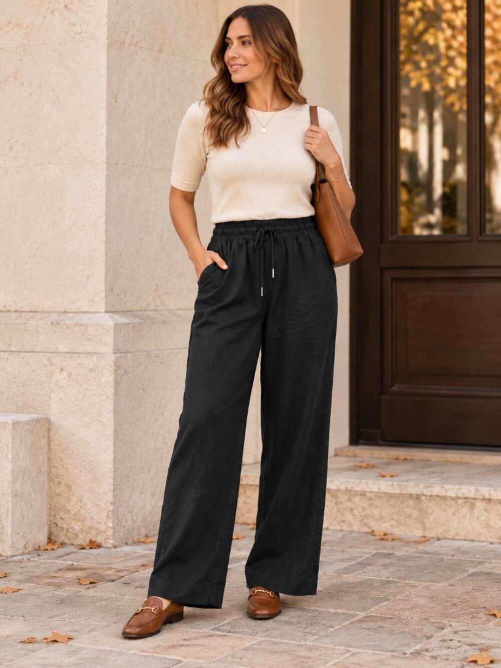 Quince European Linen Wide Leg Pants Womens Size XL Black Drawstring Minimalist